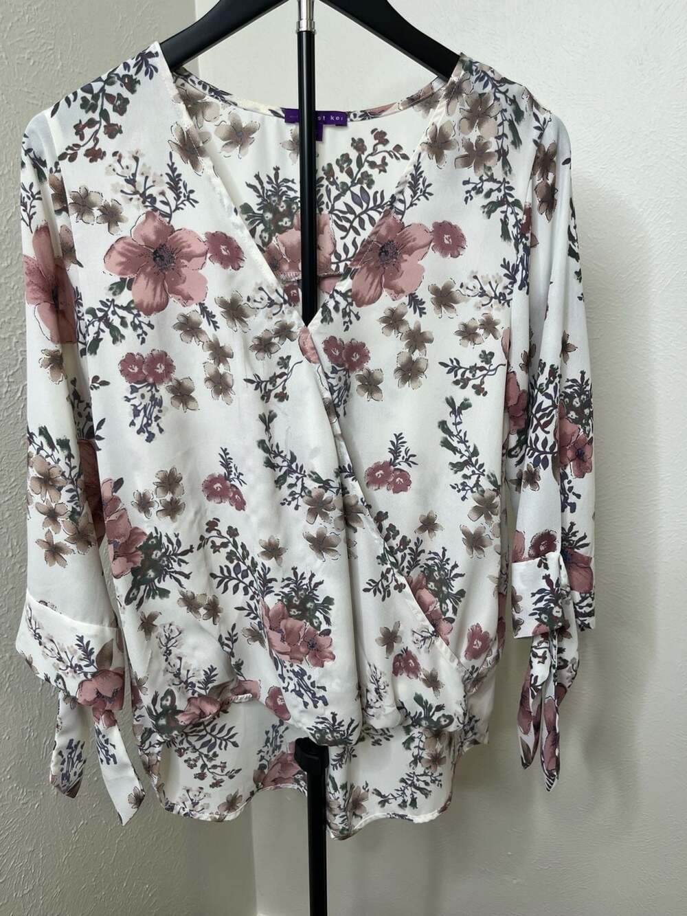 White Rose Floral Surplice Wrap Blouse Tie Sleeve High-Low Boho Romantic Top